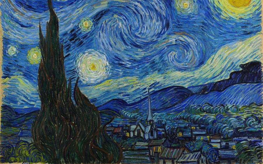 Màn hình điện thoại hiển thị hình nền Đêm Đầy Sao của họa sĩ Van Gogh với màu sắc và nét vẽ đặc trưng